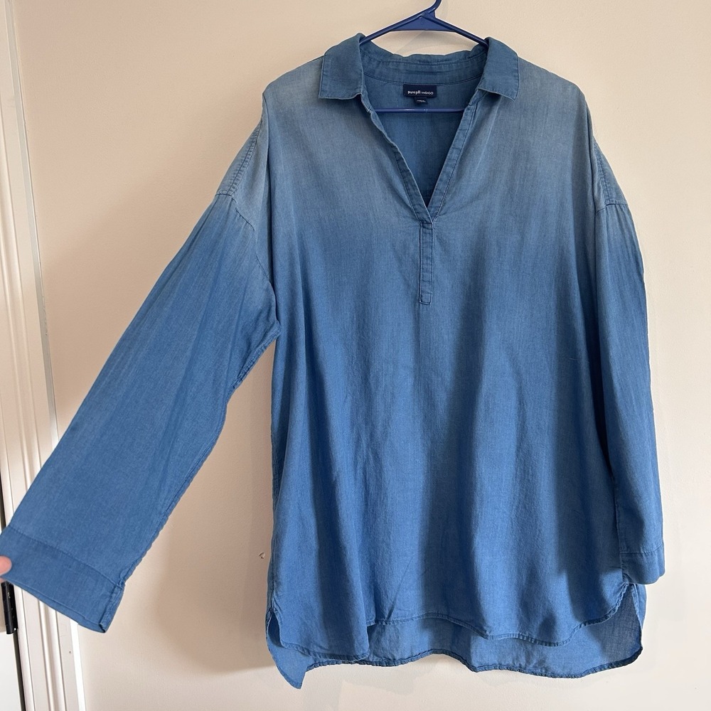 Pure J Jill Indigo Popover Tunic Shirt Sz L Long Sleeve Blue Cotton Lightweight